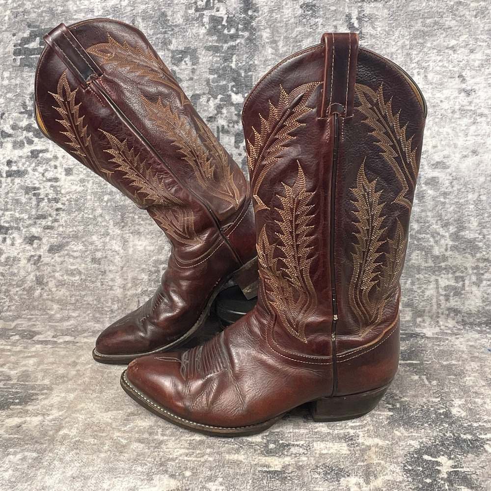 Vtg Tony Lama Mens 8.5 EE Cowboy Boots Brown Leather Stitched Western USA